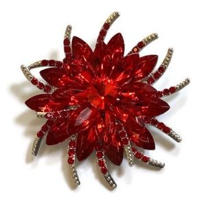 Large Red Rhinestone Flower Brooch